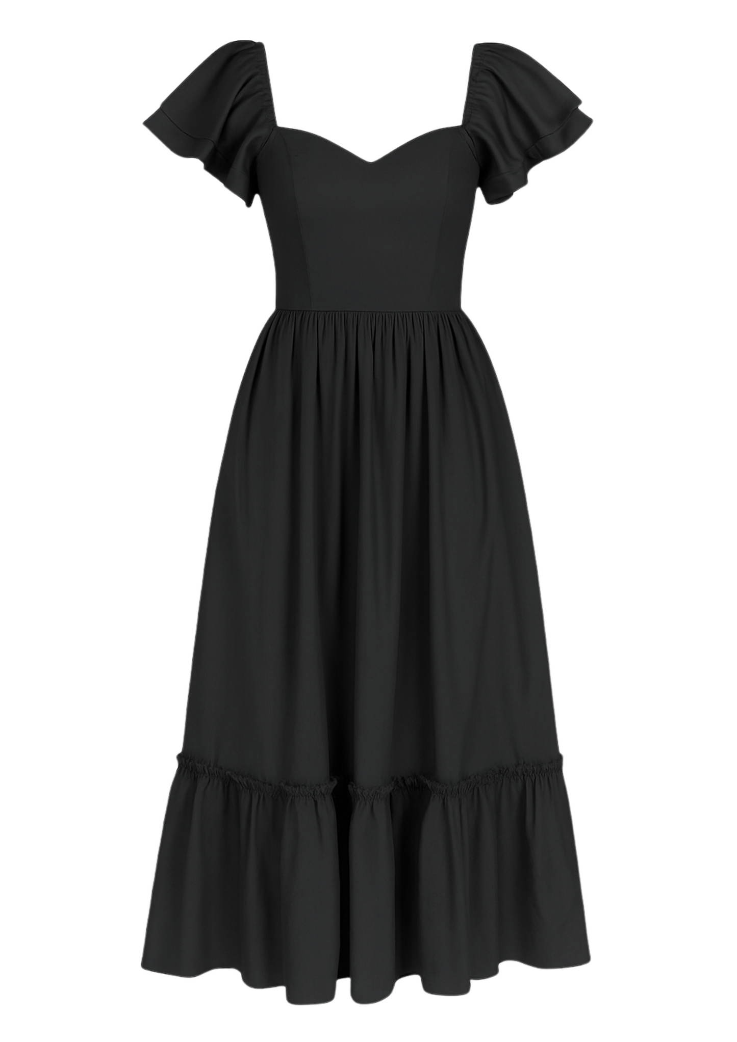 Eravela | Brietta Dress - Black. Flutter sleeves, sweetheart neckline, full maxi skirt, tiered skirt, 100% organic cotton, invisible zipper, pockets