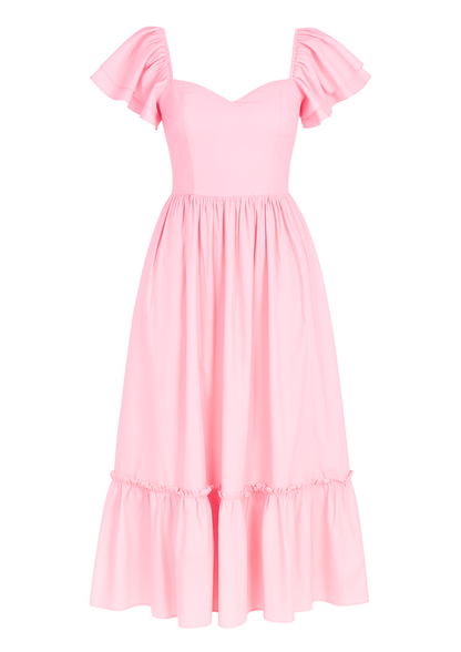 Eravela | Brietta Dress - Rose. Pink. Flutter sleeves, sweetheart neckline, full maxi skirt, tiered skirt, 100% organic cotton, invisible zipper, pockets